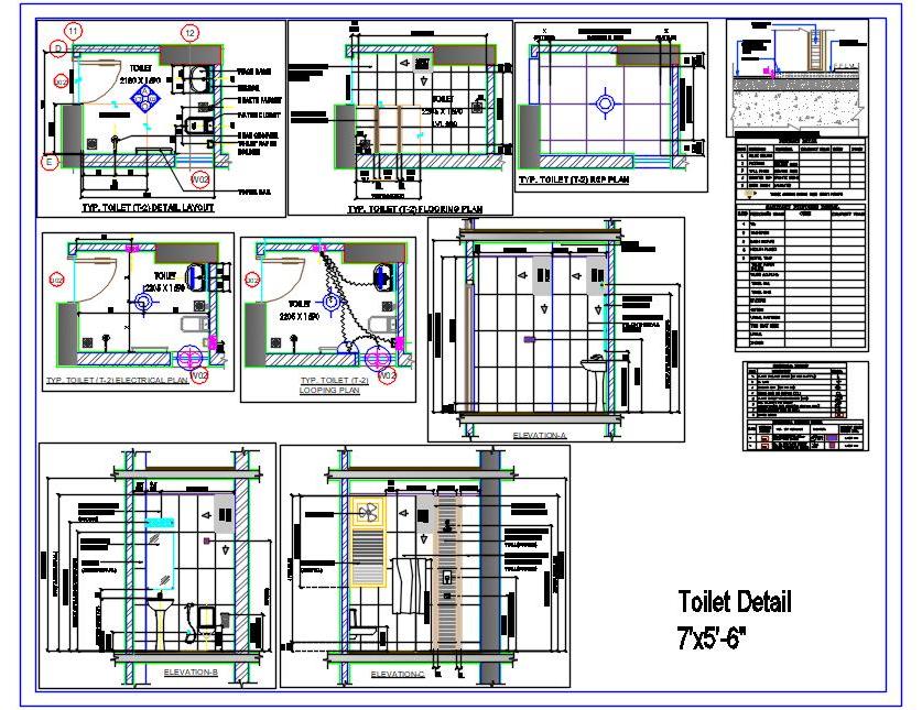 Toilet Design DWG- 7'x5'-6 Layout, Flooring, and Elevations